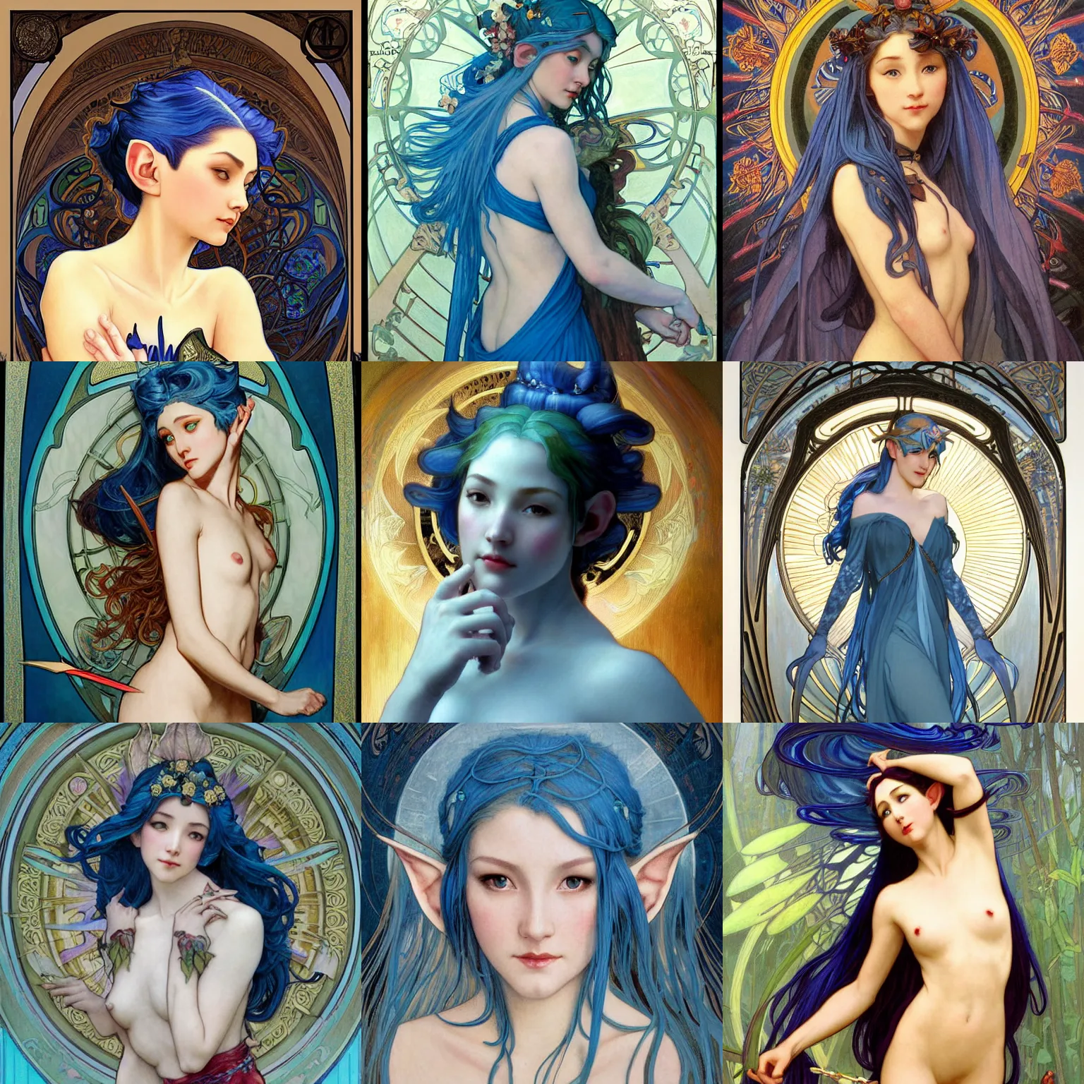 Prompt: stunning, breathtaking, awe-inspiring award-winning concept art nouveau painting of attractive Ashley Liao elf nymph with blue hair and pointy elf ears, as the goddess of the sun, with anxious, piercing eyes, by Alphonse Mucha, Michael Whelan, William Adolphe Bouguereau, John Williams Waterhouse, and Donato Giancola, cyberpunk, extremely moody lighting, glowing light and shadow, atmospheric, cinematic, 8K