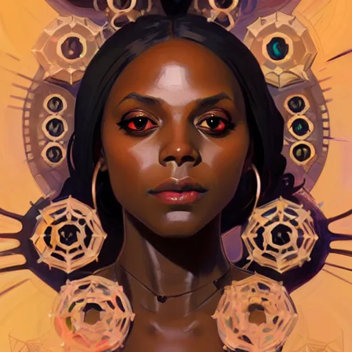 Image similar to Character Portrait of Ramlethal Valentine surrounded by geometric nodes, face, fantasy, intricate, elegant, highly detailed, digital painting, artstation, concept art, smooth, sharp focus, illustration, art by Greg Manchess and Fernanda Suarez and Artem Demura and alphonse mucha