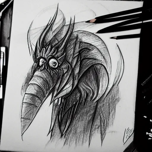 Image similar to a hand drawn pencil sketch of a monster black and white illustration