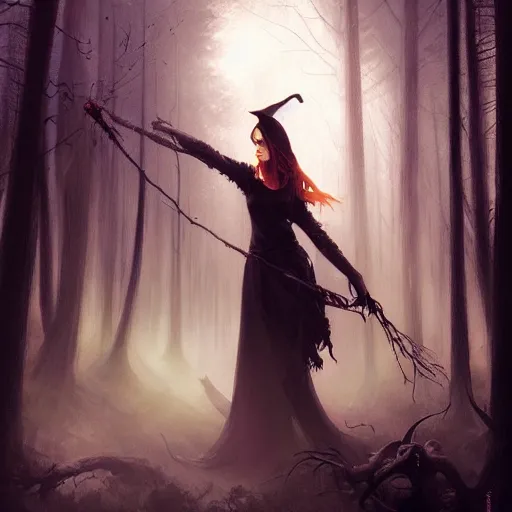 Image similar to witch performing a ritual in a dark forest painted by Raymond Swanland