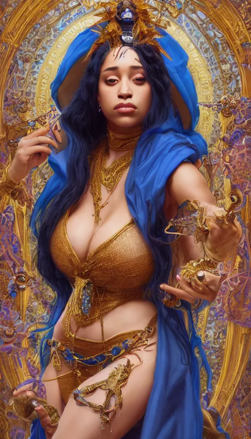 Prompt: rapper doja cat as a sorceress, passionate, seductive, sweaty, intricate dressed in ornate blue robes and staff, lovely, intricate, highly detailed, digital painting, artstation, concept art, smooth, sharp focus, illustration, unreal engine 5, 8 k, art by artgerm and greg rutkowski and alphonse mucha