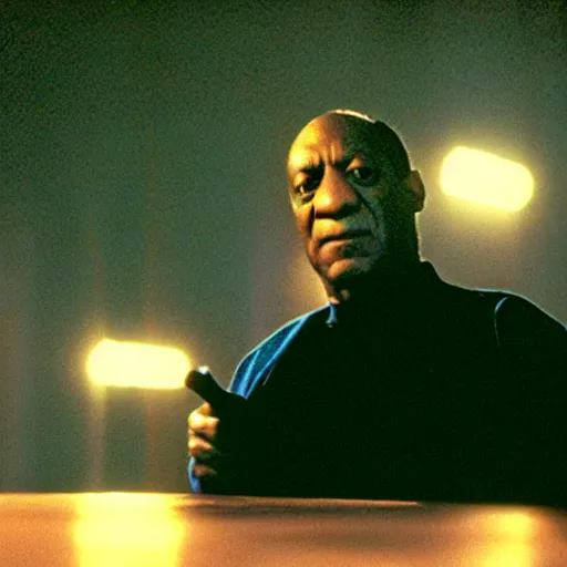 Prompt: bill cosby as morpheus in the matrix, blue and red pills, cinema still, dramatic lighting, 3 5 mm frame