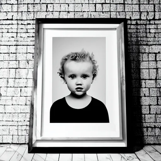 Image similar to symmetrical human portrait of baby maggie simpson with blonde curly hair, grainy high contrast black and white photography photo print ilford warm tone