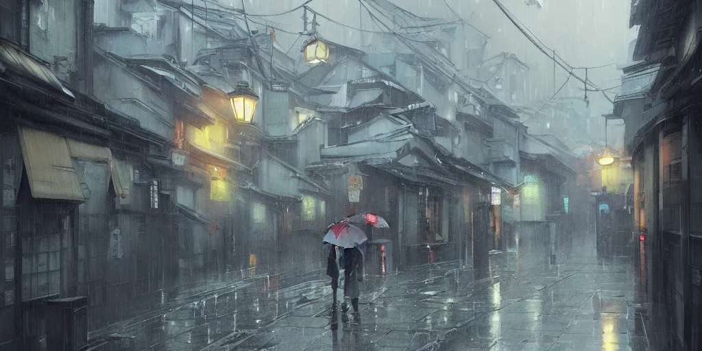 Image similar to a painting of a rain soaked back street in osaka, digital art, trending on artstation, by studio ghibli and greg rutkowski. spirited away. trending on artstation, hyperrealism, unreal engine