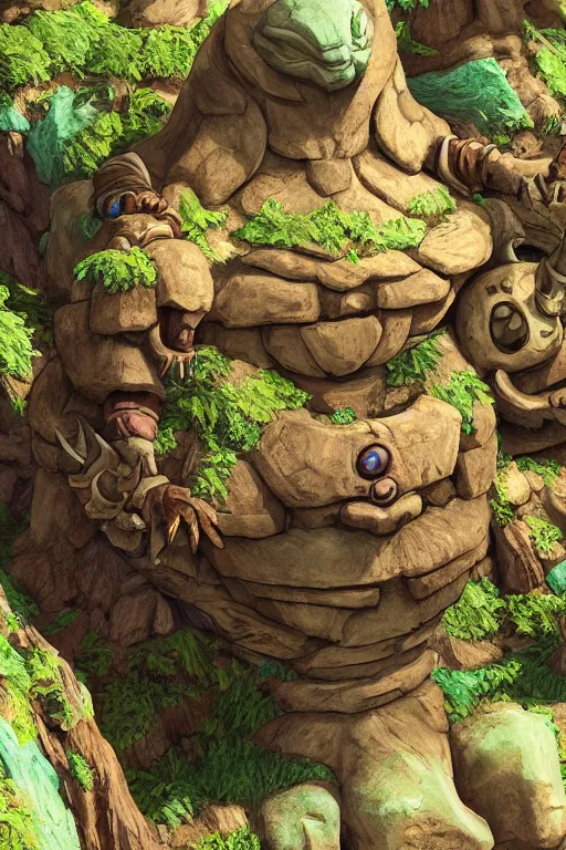 Image similar to zelda fantasy art giant golem troll wood rock greeble gemstone, global illumination ray tracing hdr fanart arstation by sung choi and eric pfeiffer and gabriel garza and casper konefal