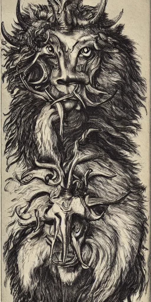 Image similar to a creature with the body and eyes of a man, with the beak of an eagle, the mane of a lion, and the horns of an ox. drawn by francis bacon