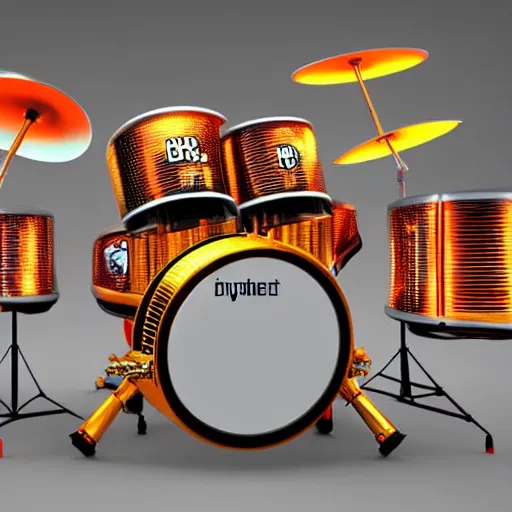 Image similar to huge robotic drumset on a stage with a golden shiny electric guitar amp, the drumset is futuristic steampunk style with gears and tubes, 8 k, fluorescent colors, halluzinogenic, multicolored, exaggerated detailed, unreal engine - h 7 6 8