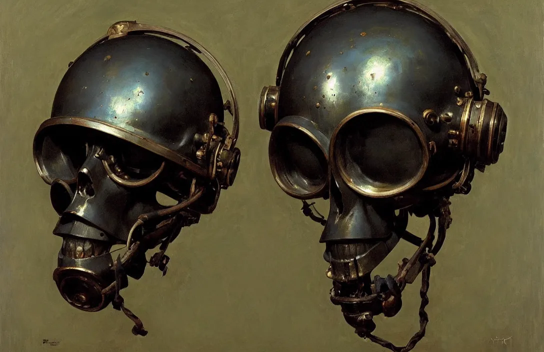 Image similar to portrait of deep sea diver helmet!!!!!!!!!!!!!!!!!!!!!!!!!!!, detailed skull face, detailed painting, epic lighting, by ilya repin, phil hale and kent williams