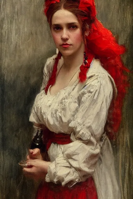 Image similar to Solomon Joseph Solomon and Richard Schmid and Jeremy Lipking victorian genre painting full length portrait painting of a young beautiful woman traditional german barmaid in traditional costume, red background