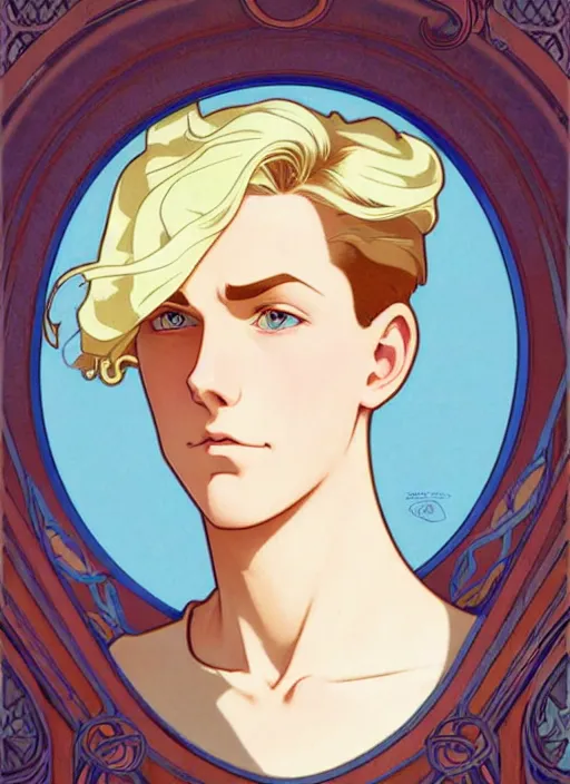 Prompt: art nouveau portrait of a pretty young man with short blond hair, light blue eyes, sad expression, scared, head down, natural lighting, path traced, highly detailed, high quality, cartoon, digital painting, by don bluth and ross tran and studio ghibli and alphonse mucha