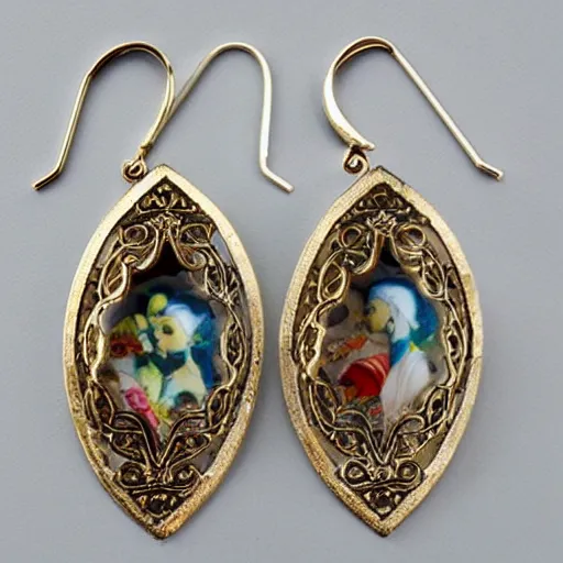 Image similar to highly detailed artnouveau earrings with porcelain ornaments