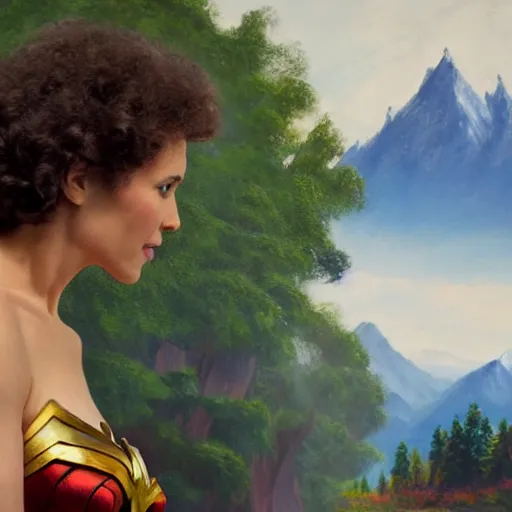 Image similar to a closeup photorealistic photograph of bob ross working on a canvas painting of wonder woman. film still. brightly lit scene. mountains and trees. this 4 k hd image is trending on artstation, featured on behance, well - rendered, extra crisp, features intricate detail, epic composition and the style of unreal engine.