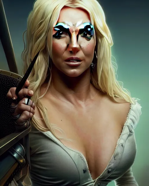 Image similar to highly detailed portrait of britney spears in the witcher, stephen bliss, unreal engine, greg rutkowski, loish, rhads, beeple, makoto shinkai and lois van baarle, ilya kuvshinov, rossdraws, tom bagshaw, alphonse mucha, global illumination, god rays, detailed and intricate environment