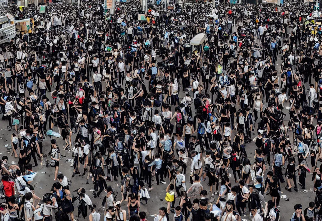 Image similar to fashion editorial in hong kong riot. wide angle shot. highly detailed.