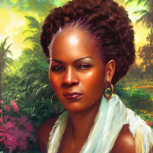 Prompt: portrait of a jamaican woman ( 3 5 ) from jamaica in 2 0 2 1, an oil painting by ross tran and thomas kincade