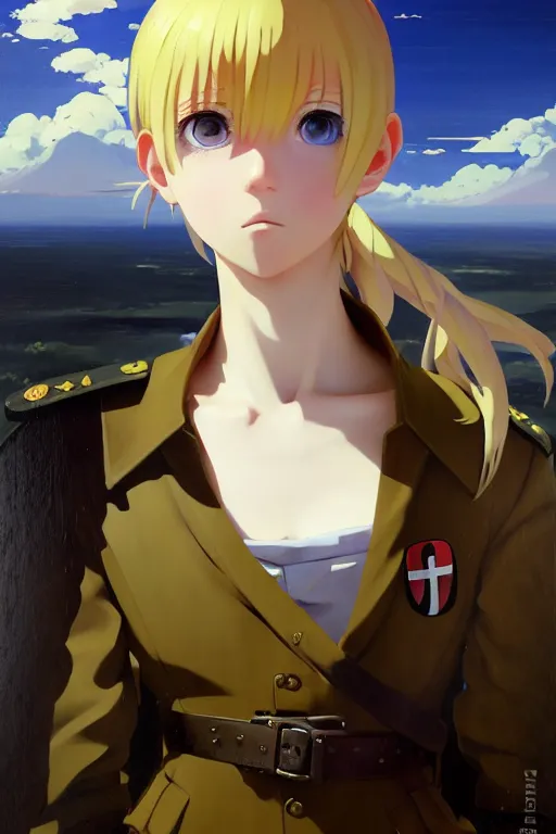 Image similar to baroque oil painting of key visual concept art, portrait of stern anime girl blonde hair blue eyes wearing military nazi ss uniform, brutalist, dark fantasy, rule of thirds golden ratio, fake detail, trending pixiv fanbox, acrylic palette knife, style of makoto shinkai studio ghibli genshin impact jamie wyeth james gilleard greg rutkowski