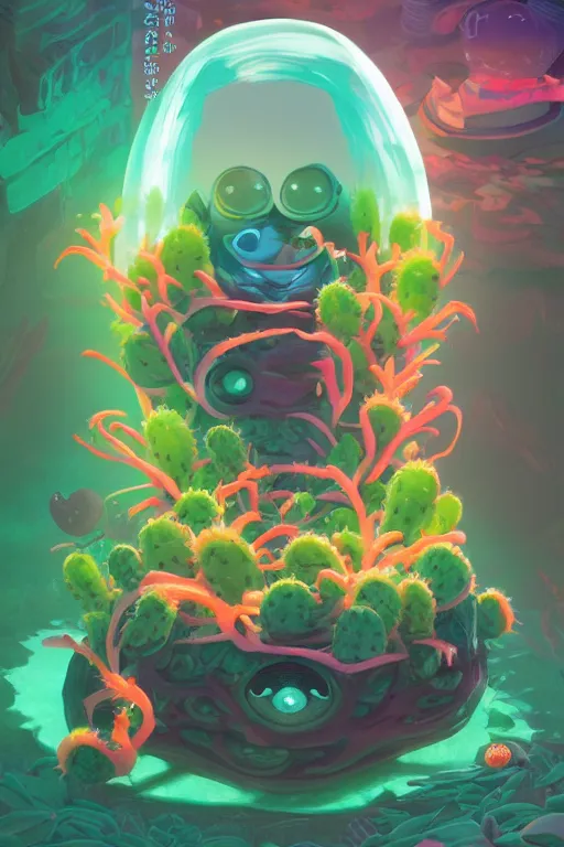 Image similar to roots cactus sushi cristal smurf ghost creature animal sushi cristal very big eye roots cactus elemental flush of force nature micro world fluo fishscale, behance hd by jesper ejsing, by rhads, makoto shinkai and lois van baarle, ilya kuvshinov, rossdraws radiating a glowing aura global illumination ray tracing hdr