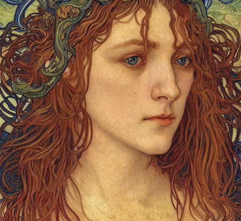 Image similar to detailed realistic beautiful young medieval queen face portrait by jean delville, alphonse mucha, vincent van gogh, and marco mazzoni, art nouveau, symbolist, visionary, gothic, pre - raphaelite