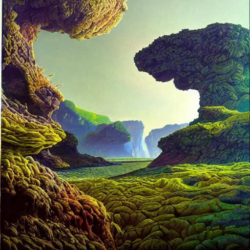 Image similar to painting of a lush natural scene on an alien planet by glenn brown. beautiful landscape. weird vegetation. cliffs and water.