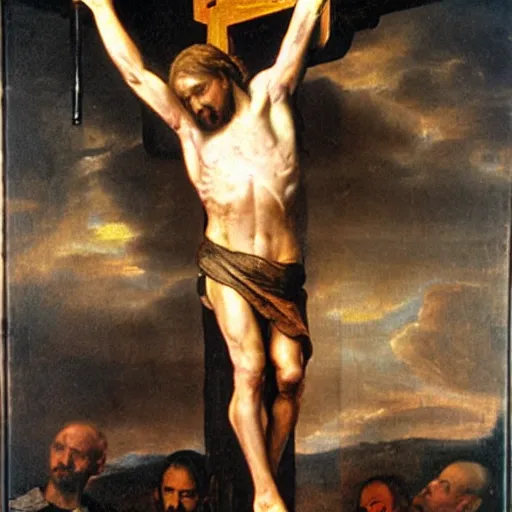Prompt: donald trump crucified in the style of christ crucified diego velazquez, a painting of donald trump being crucified