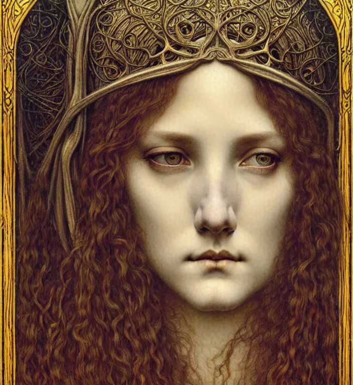 Image similar to detailed realistic beautiful young medieval queen face portrait by jean delville, gustave dore and marco mazzoni, art nouveau, symbolist, visionary, gothic, pre - raphaelite. horizontal symmetry