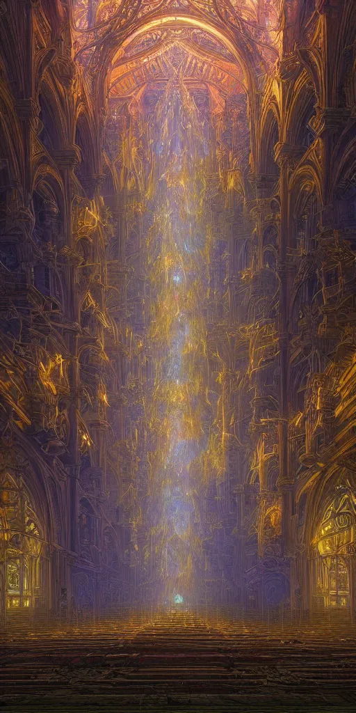 Image similar to a centered photo real render of a post apocalyptic cathedral surrounded by glowing fractals and ornate flowing light streams sacred geometry, by beeple, by donato giancola, unreal engine