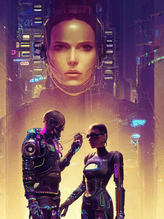 Prompt: a cyberpunk 2077 illustration half body portrait of two female android queen ,complex mess of cables and wires behind them connected to giant computer, film lighting, by laurie greasley,Lawrence Alma-Tadema,William Morris,Dan Mumford, trending on atrstation, full of color, mythological, high detailed,golden ratio,cinematic lighting