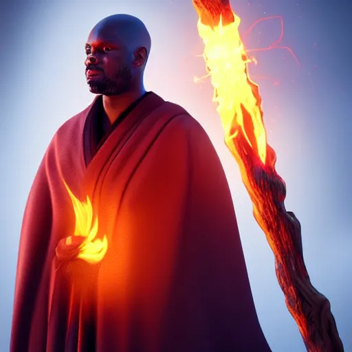 Prompt: William Gallas wearing monk robes holding a glowing fire magical staff. Trending on Artstation, octane render, ultra detailed, art by Ross tran