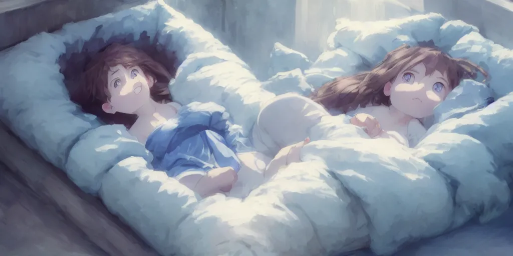 Image similar to a brunnete girl with blue eyes and puffy cheeks lying happy in her bed, close up shot from the top, anime art, Greg Rutkowski, studio ghibli, dramatic lighting