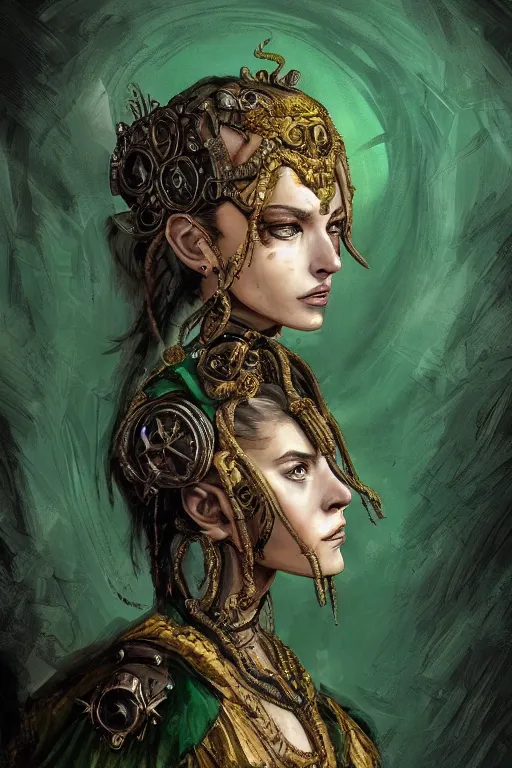 Prompt: portrait, headshot, digital painting, of a 17th century, beautiful, wicked, cyborg merchant girl, Borgia, dark hair, amber jewels, baroque, ornate dark green clothing, scifi, futuristic, realistic, hyperdetailed, underexposed, chiaroscuro, concept art, art by enki bilal and rembrandt
