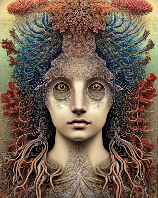 Image similar to realistic detailed underwater face portrait of the beutiful young goddess of the fish of the fractal waters with an intricate headdress of corals, sea kelp, sea plants, coral reef, fish, jellyfish, art by ernst haeckel, zdzisław beksinski, hieronymus bosch, gothic, neo - gothic, ornamental, beautiful deep colours,