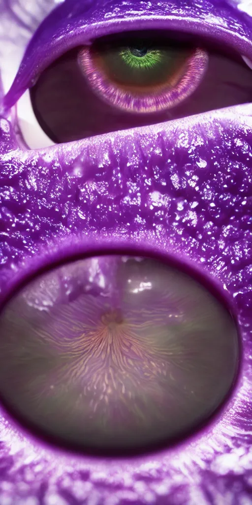 Image similar to macro shot, close-up of a purple squid eye, intricate iris, ultrarealistic, highly detailed, octane render, ray tracing