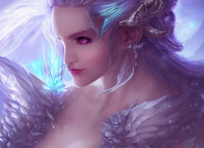 Image similar to portrait of an ice fairy, cute, fantasy, wonderful shading, realistic perfect face, concept art, dynamic pose, digital illustration, trending on artstation, intricate details, epic composition, sharp focus, 8 k uhd, masterpiece, league of legends splash art