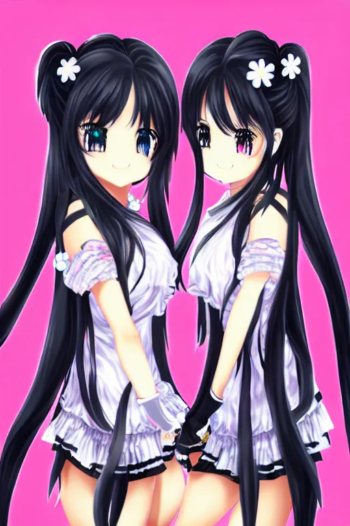 Image similar to two beautiful female idols with twintails facing each other, dark background, detailed anime art