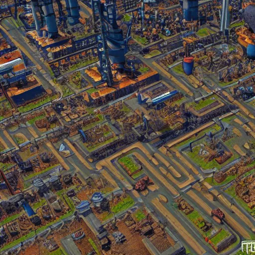 Image similar to realistic factorio, 4K HD city photography, aerial view, steampunk