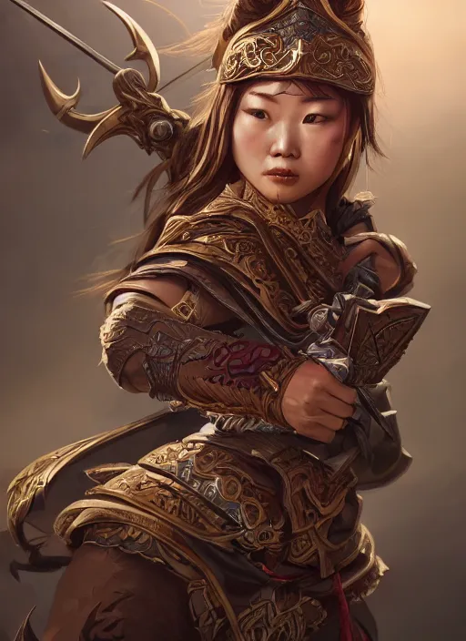 Image similar to a highly detailed illustration of fierce mongol warrior woman with bow, heroic shooting bow pose, perfect hyperdetailed face, intricate, elegant, highly detailed, centered, digital painting, artstation, concept art, smooth, sharp focus, league of legends concept art, wlop.