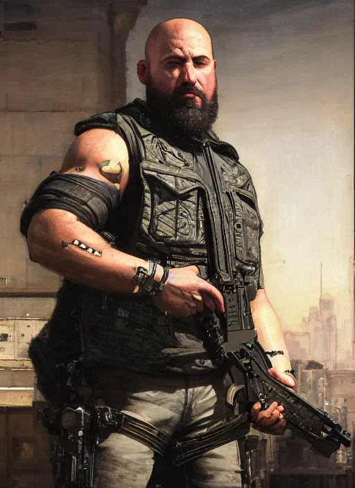 Prompt: big mike. cyberpunk meathead wearing a military vest and combat gear. (Cyberpunk 2077, bladerunner 2049). Iranian orientalist portrait by john william waterhouse and Edwin Longsden Long and Theodore Ralli and Nasreddine Dinet, oil on canvas. Cinematic, hyper realism, realistic proportions, dramatic lighting, high detail 4k