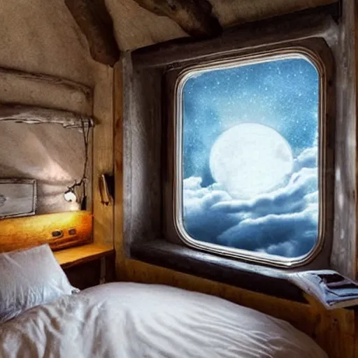 Image similar to Cozy bedroom aboard a flying ship window looks on moonlit clouds and stars, soft bed blankets log cabin walls hyperrealism