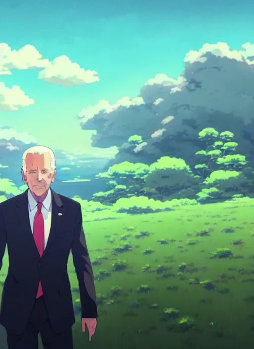 Image similar to portrait of joe biden, cloudy sky background lush landscape illustration concept art anime key visual trending pixiv fanbox by wlop and greg rutkowski and makoto shinkai and studio ghibli