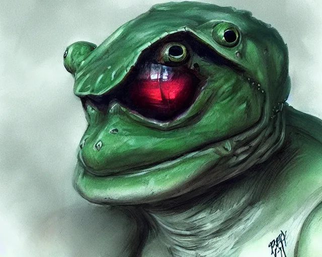 Image similar to portrait of a doomguy as a frog, fantasy, hd shot, digital portrait, beautiful, artstation, comic style, by artgerm, guy denning, jakub rozalski, magali villeneuve and charlie bowater