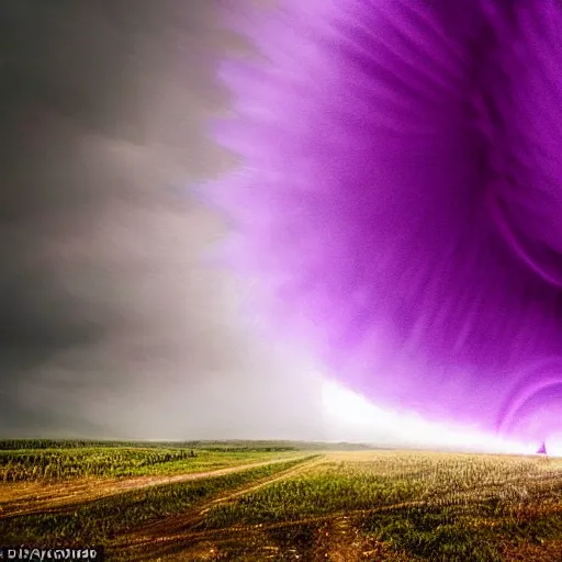 Image similar to amazing landscape photo of a purple tornado in the shape of a funnel, digital art, beautiful dramatic lighting