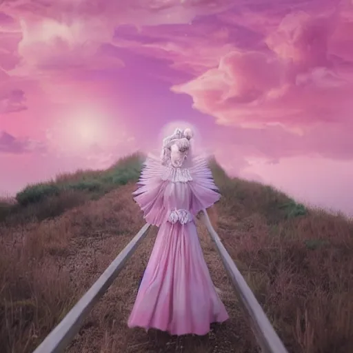 Image similar to a path to a dream crystal pink estate, clouds like Marshmallow, the image is like beautiful dream, pink sun, 4k post-processing highly detailed, art station, unreal engine + cinematography by Wes Anderson, Wide angle shot, 1970s Marie Antoinette, futuristic, volumetric light, Fuji film, intricate detail, hyperreal, hyperrealistic, 4K, Octane render, unreal engine cinematic, sublime atmosphere,