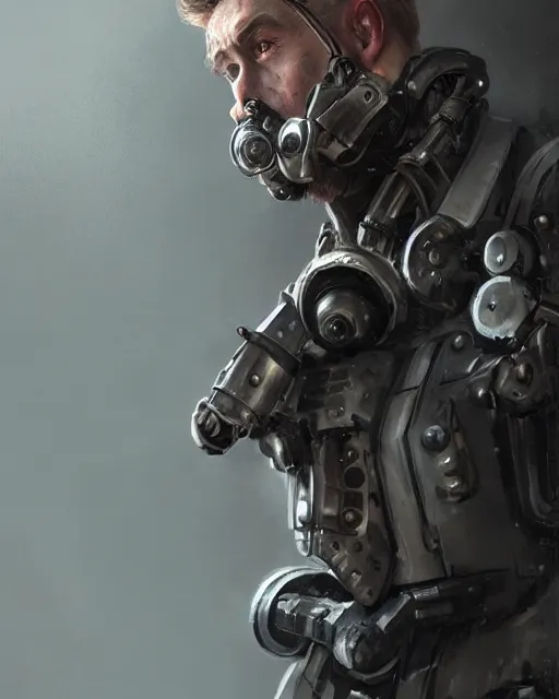 Image similar to a rugged young engineer man with cybernetic enhancements wearing a suit and bowtie, detailed face with mask, scifi character portrait by greg rutkowski, esuthio, craig mullins, 1 / 4 headshot, cinematic lighting, dystopian scifi gear, gloomy, profile picture, mechanical, half robot, implants, steampunk