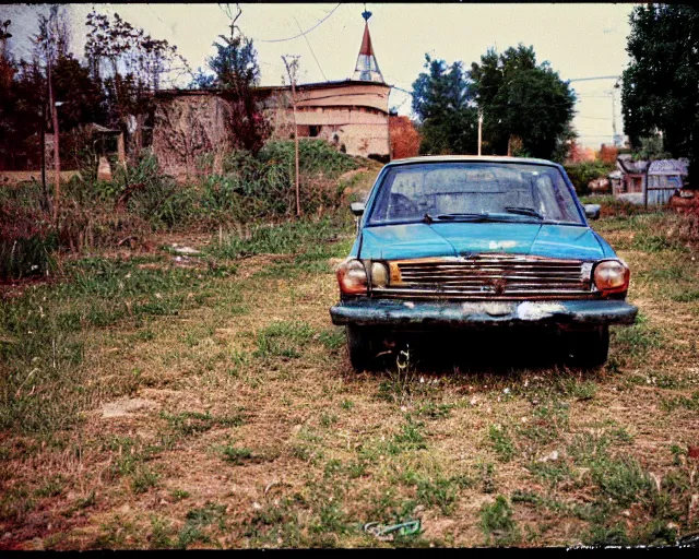 Image similar to a lomographic photo of old lada 2 1 0 7 standing in typical soviet yard in small town, hrushevka on background, cinestill, bokeh