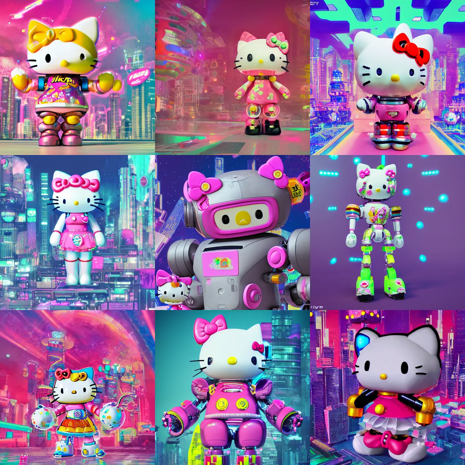 Prompt: a detailed 3 d render of a hellokitty mecha robot wearing a cyberpunk outfit by lisa frank and cicely mary barker, taiyo matsumoto, myst, beeple, cgsociety, crisp, low angle shot