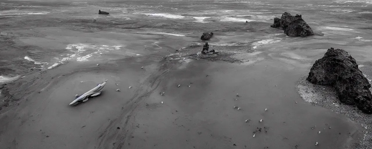 Image similar to cinematic shot of giant symmetrical futuristic military spacecraft in the middle of an endless black sand beach in iceland with icebergs in the distance,, 2 8 mm