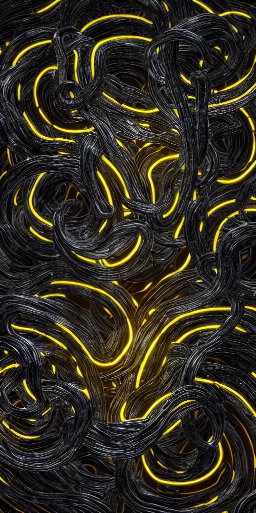 Image similar to a photorealistic render of an organic sculpture made of melted metal, bright neon circles on a black background, c 4 d, by zhelong xu, ouchh studio and ernst haeckel, wide angle, hyper realistic, 8 k, volumetric lightning, octane render