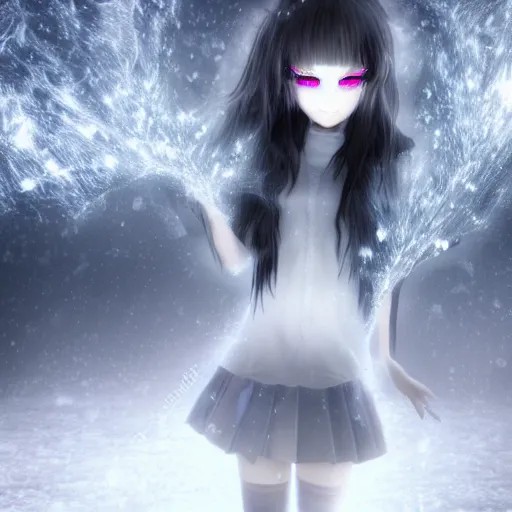 Image similar to photorealistic full body shot of masterpiece angry darkness anime girl, beautifull manga lovely eyes, electric aura with particles, snowing frozen ice, darkness background inspired by tim burton, detailed, unreal engine 4 k, volumetric light, fog