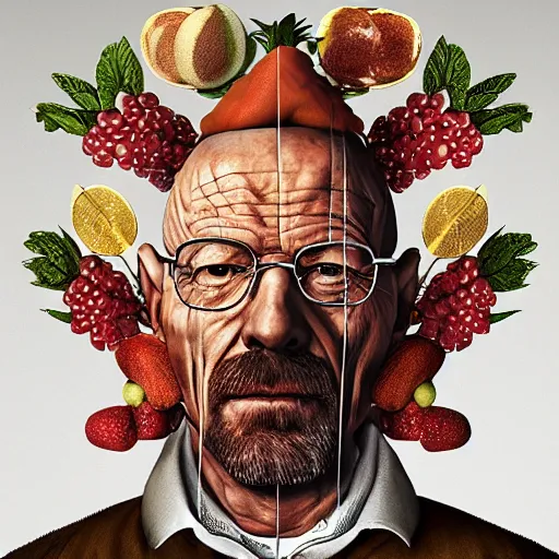 Image similar to giuseppe arcimboldo walter white, covered with fruits, unreal engine