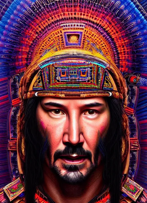 Image similar to portrait of keanu reeves, hyper detailed ultra sharp aztec shaman warrior. trending on artstation, warpaint aesthetic, bloodwave, colorful, psychedelic, ornate, intricate, digital painting, concept art, smooth, sharp focus, illustration, art by artgerm and greg rutkowski and h. r. giger, 8 k